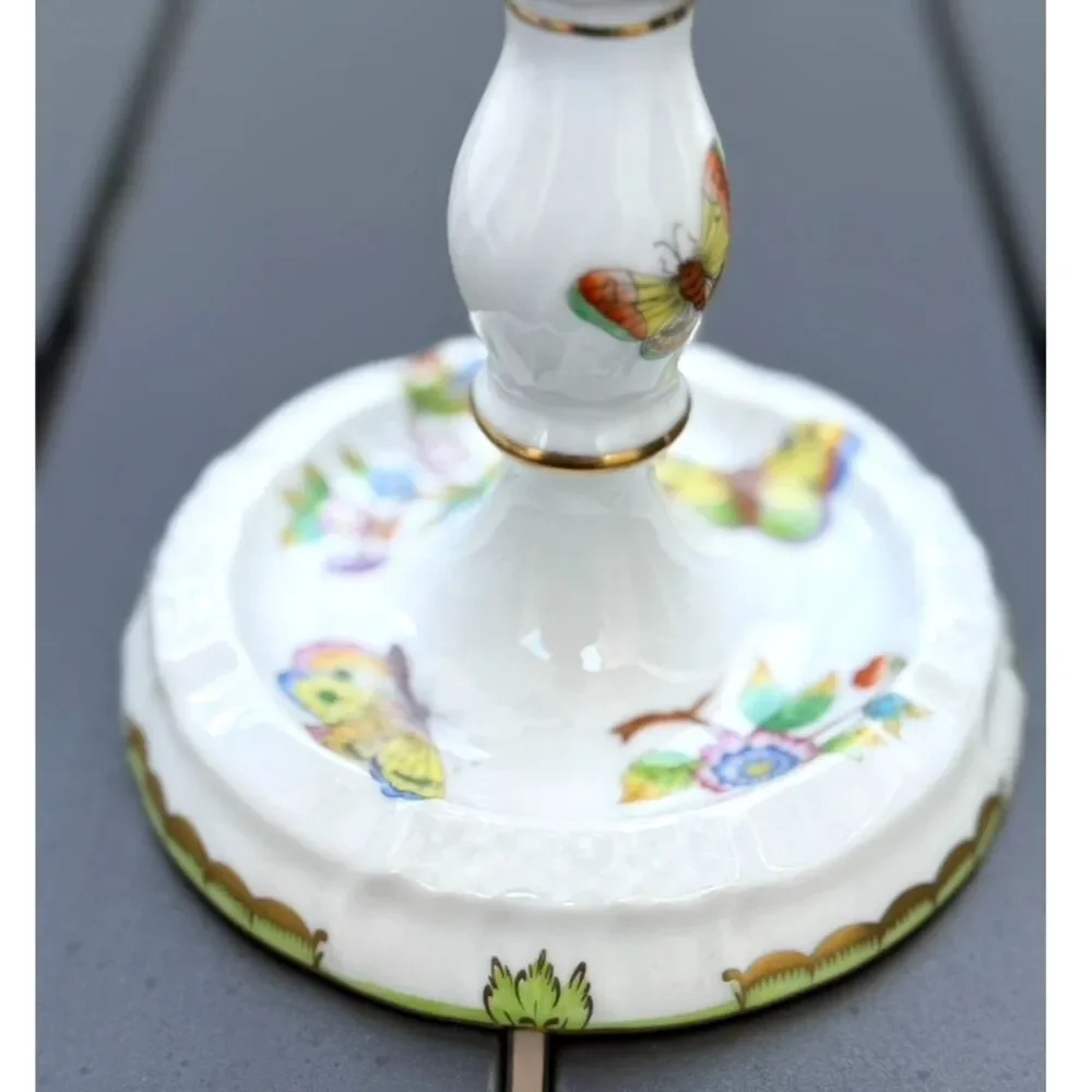 VTG Herend Queen Victoria Green Border Floral Butterfly Triple Candlestick SZ 9